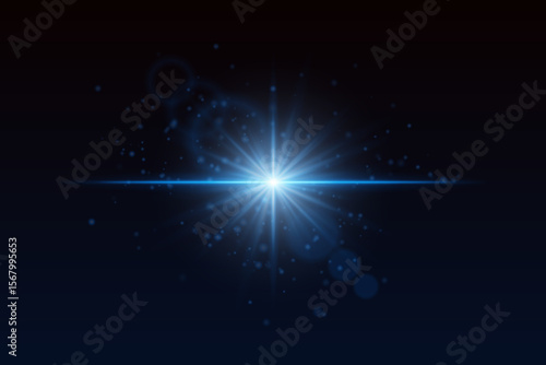 Radiating blue burst with glowing particles and lens reflections. Soft sparkle light for cinematic magic or special effects.