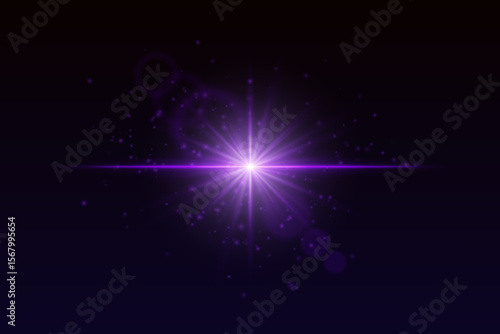 Radiating purple burst with glowing particles and lens reflections. Soft sparkle light for cinematic magic or special effects.