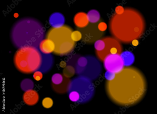 Colorful blurred circles with smooth glow and layered transparency on black background. Random soft shapes form festive abstract depth with no symmetry or focal point.