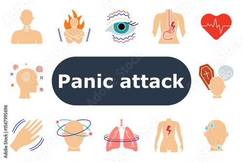 Panic attack set icon. Energy loss, confusion, chest fire, stomach tension, vomiting, heart rate, gut burn, lungs, shaking hands, fear, heat, ear ringing, breath problems, anxiety.
