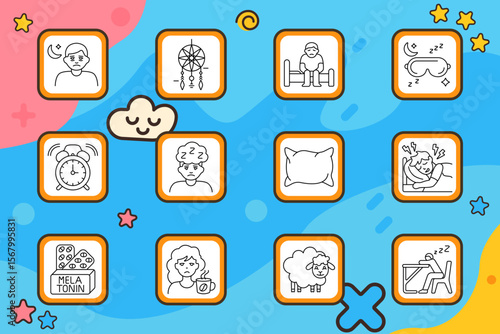 Sleep disorder set icon. Sleepy man, dreamcatcher, person on bed, night mask, alarm clock, cloud head, pillow, pain in sleep, melatonin pills, caffeine ban, sheep, desk nap