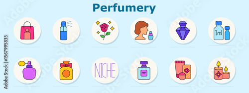 Perfumery set icon. Shows shopping bag, spray bottle, rose scent, profile with perfume, gem bottle, milliliter jars, atomizer, bow bottle, niche label, square bottle, product box, scented candles