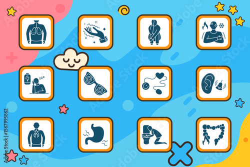Body symptoms set icon. Lung pain, tingling hand, uncomfortable pose, heat and cold imbalance, low energy, dizziness, spiral glasses, heart check, ear ringing, throat burn, stomach pain, vomiting