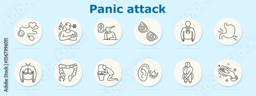 Panic attack set icon. Shows stethoscope, chest fire, tired person, dizziness glasses, heartburn, stomach pain, lungs, inflamed intestine, vomiting, ear ringing, crouched posture, trembling hand
