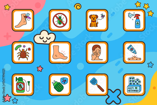 Insect allergy set icon. Mosquito bite, bug icon, dog protection, repellent spray, tick, allergic skin, swelling, face irritation, rash cream, 