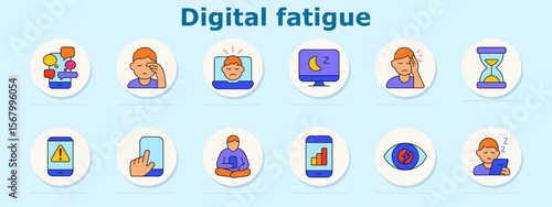 Digital fatigue set icon. Shows phone messages, eye rubbing, laptop strain, sleep screen, headache, hourglass, alert phone, tap gesture, seated person, bar chart, eye stress, sleepiness