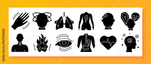 Panic attack set icon. Depicts heart monitor, chest pain, energy crash, dizziness, heartburn, stomach cramps, lung tension, intestine, vomiting, ear ringing, crouching, trembling hand