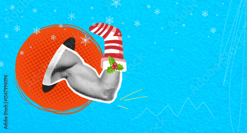 Creative poster collage of cool bicep with christmas sock for new year, christmas. greeting card, festive christmas greeting template