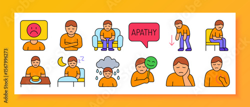 Apathy and depression set icon. Shows sad screen, crossed arms, seated slouch, apathy label, drooped walk, empty plate, moon sleep, rainy mood, false smile, chest ache, tired pose
