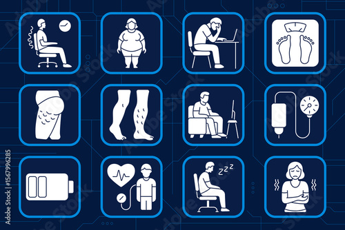 Sedentary lifestyle set icon. Sitting posture, obesity, desk stress, weight scale, cellulite, leg veins, man watching TV, pressure monitor, low battery, heart check, sleep sitting, cold body