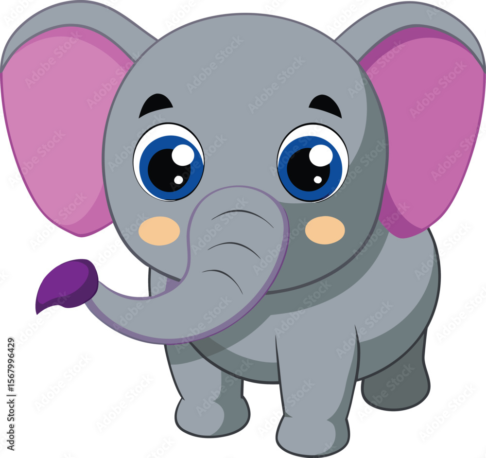 Naklejka premium Cute Cartoon Baby Elephant with Big Ears and Pink Accents – Adorable Animal Illustration