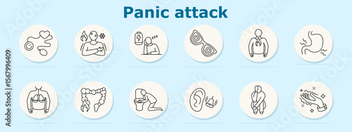 Panic attack set icon. Shows stethoscope, chest fire, tired person, dizziness glasses, heartburn, stomach pain, lungs, inflamed intestine, vomiting, ear ringing, crouched posture, trembling hand
