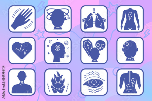 Panic symptoms set icon. Trembling, dizziness, lung pressure, body pain, fast heart rate, mental confusion, death fear, excessive sweating, throat lump, burning, eye strain, stomach tension.