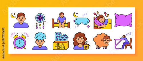 Insomnia symptoms set icon. Displays worried face, dreamcatcher, sitting on bed, sleeping mask, disturbed sleep, pillow, alarm, melatonin, coffee, sheep, fatigue