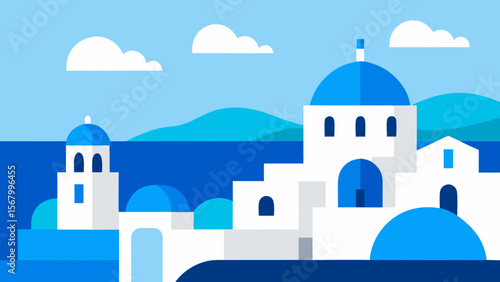 Charming Vector Illustration of a Seaside Town in Greece with White Buildings