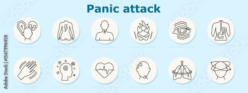 Panic attack set icon. Shows stethoscope, chest fire, tired person, dizziness glasses, heartburn, stomach pain, lungs, inflamed intestine, vomiting, ear ringing, crouched posture, trembling hand