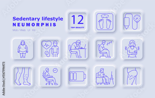 Sedentary lifestyle set icon. Obesity, inactivity, back pain, poor circulation, swelling, fatigue, blood pressure, muscle loss, TV watching, weight gain, posture issues, sleepiness, joint stiffness.