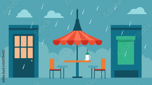 Charming Vector Illustration of a Street Cafe in Paris on a Rainy Day