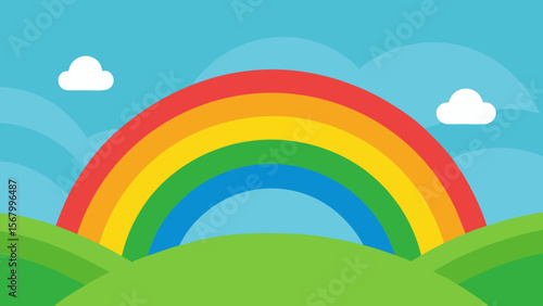 Cheerful Cartoon Illustration of a Vibrant Rainbow Arching Over Green Fields