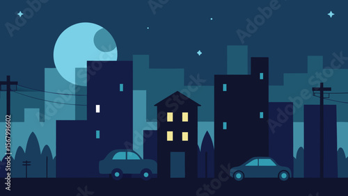 Eerie Cityscape at Night During a City Wide Power Outage and Darkness