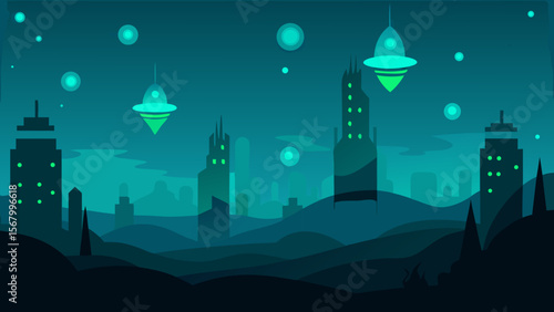 Submerged Cityscape at the Bottom of the Ocean with Bioluminescent Illumination