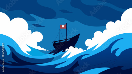 Dramatic Scene of a Lone Ship Sailing on a Treacherous Stormy Sea