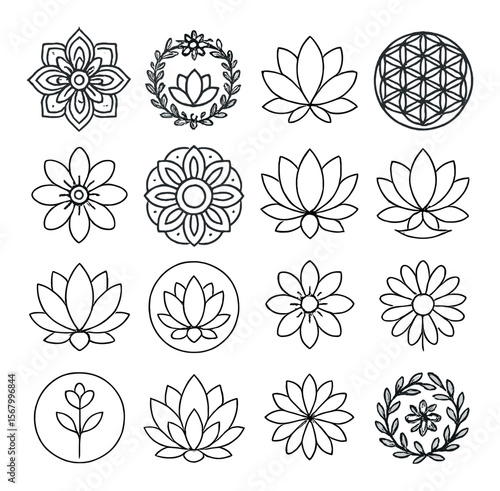 Floral mandala collection, elegant bloom patterns. botanical and flower icon set
