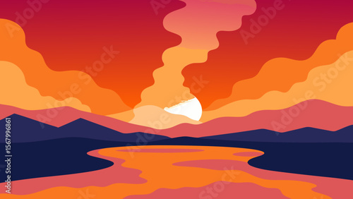 Dramatic Sunset Over a Geothermal Area with Rising Steam and Vents