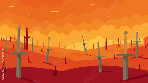 Epic Fantasy Landscape Featuring a Vast Plain of Ancient Swords and Blades