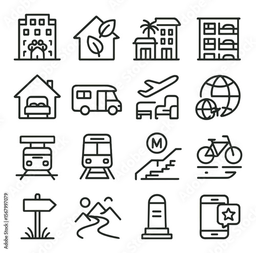 Travel and tourism icon collection, vacation symbols. trip and adventure planning set