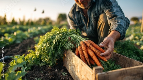 Wallpaper Mural Farmer holding freshly picked carrots with green tops in a wooden crate in a field under a clear sky Torontodigital.ca