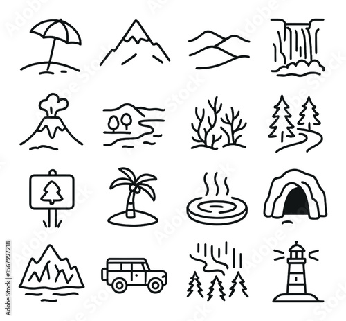 Tourist attraction collection, travel destination icons. adventure and sightseeing set