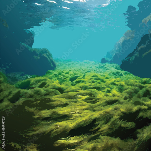Algae on the ocean floor with natural sunlight, underwater seascape in the Atlantic ocean, Spain, Galicia