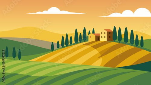 Flat Design Illustration of the Rolling Hills of Tuscany