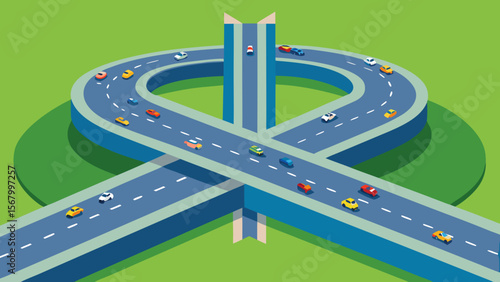 Flat Design of a Bustling Highway Interchange Aerial View