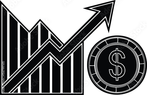 Financial growth indicated by bars, an upward arrow, and dollar silhouette black vector illustration