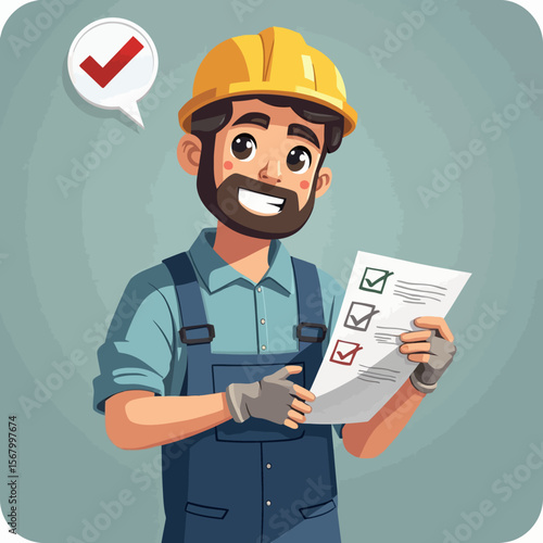 Smiling construction worker reviews a checklist, a cartoon illustration.