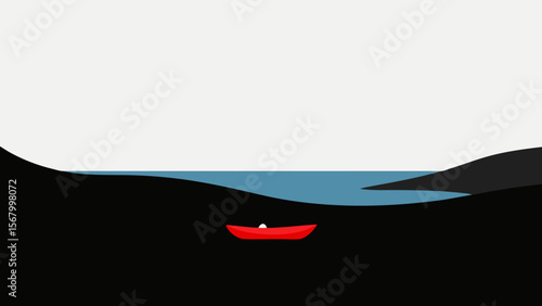 Minimalist Seascape Featuring a Lone Red Boat on Calm Water Art