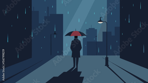 Moody Illustration of a Lone Figure with an Umbrella on a Rainy Street