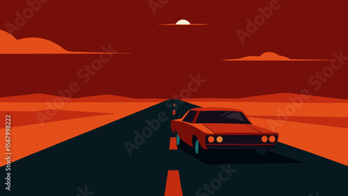 Moody Illustration of a Lone Abandoned Car on a Desert Road