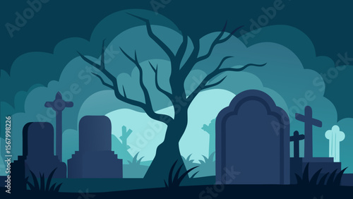 Moody Illustration of a Forgotten Overgrown Cemetery Eerie Scene