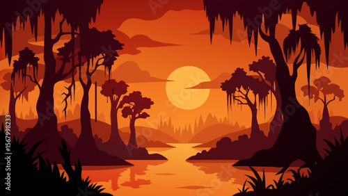 Moody Illustration of a Swampy Bayou at Sunset with Cypress Trees