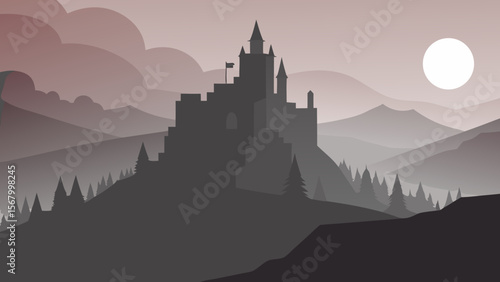 Moody Illustration of a Medieval Castle on a Hill in the Fog