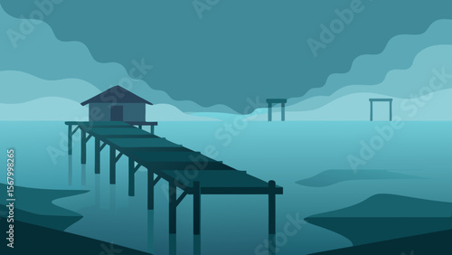 Moody Scene of a Derelict Pier Stretching Into a Dark Sea Landscape