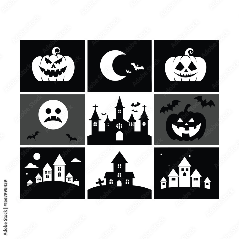 Obraz premium Halloween silhouette material set old castle and bats pumpkin and cat Premium Vector