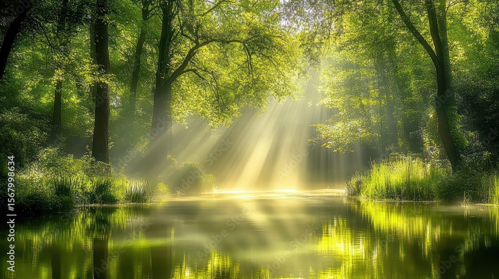 Sunlit Forest Lake: Serene Beams of Light Piercing Through Lush Greenery Sunlit Forest Lake: Serene Beams of Light Piercing Through Lush Greenery