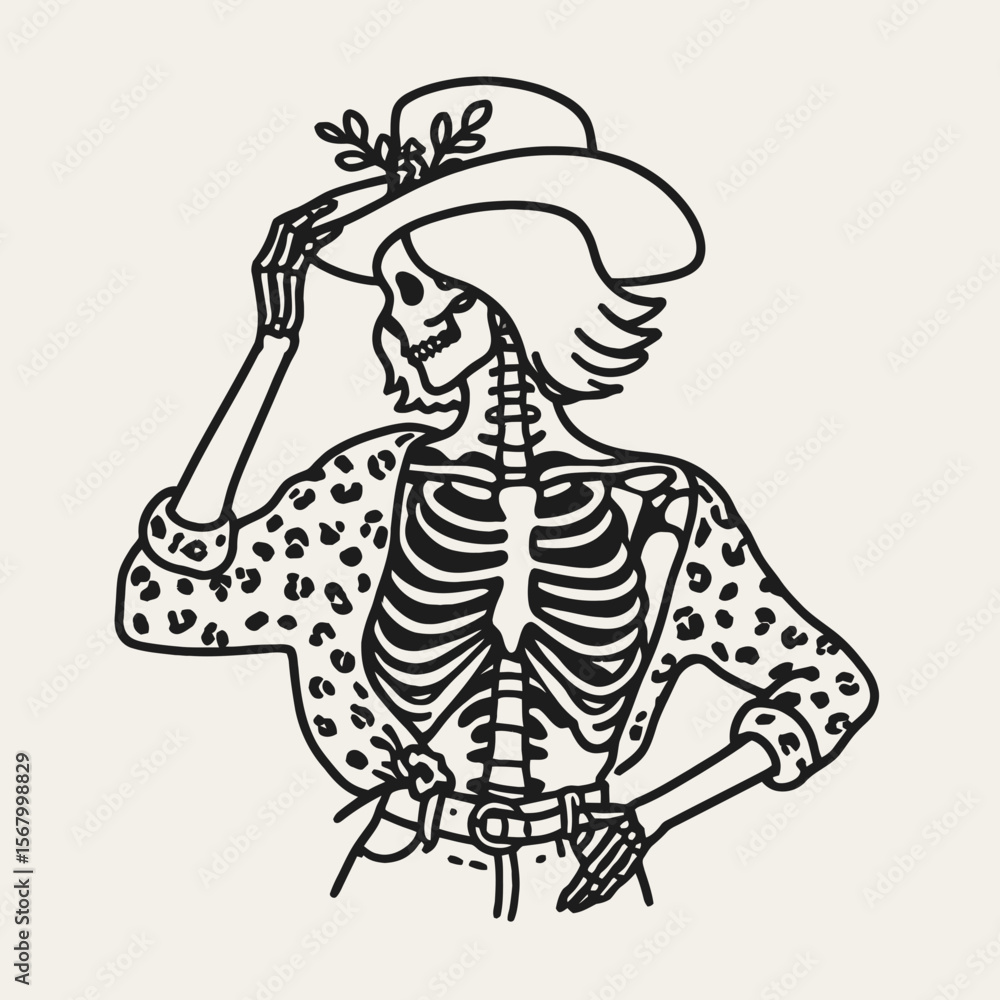 Fototapeta premium Cowgirl Female skeleton with leopard print a playful lift. Cowboy Western American Cartoon Animal Clipart Line Art Vector Illustration. .