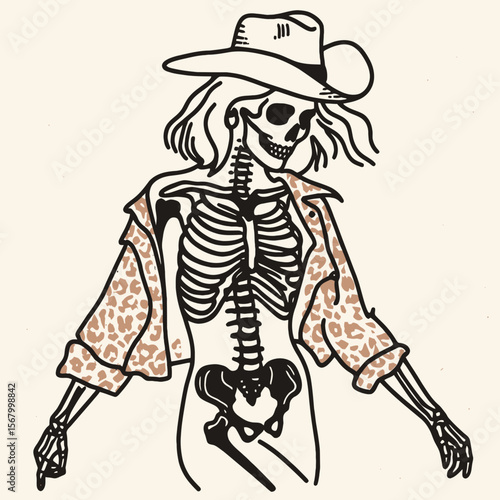 Wallpaper Mural Cowgirl Female skeleton with leopard print a playful lift. Cowboy Western American Cartoon Animal Clipart Line Art Vector Illustration. . Torontodigital.ca