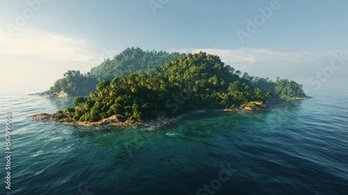 Lush tropical island covered in green trees and palms surrounded by clear turquoise ocean water