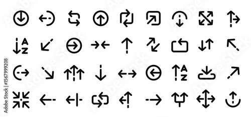 Line arrows. Linear thin arrow symbols. Triple arrows icons, left and right arrow, turn up, double up and down direction arrow pictogram for web, app, UI design. Vector collection